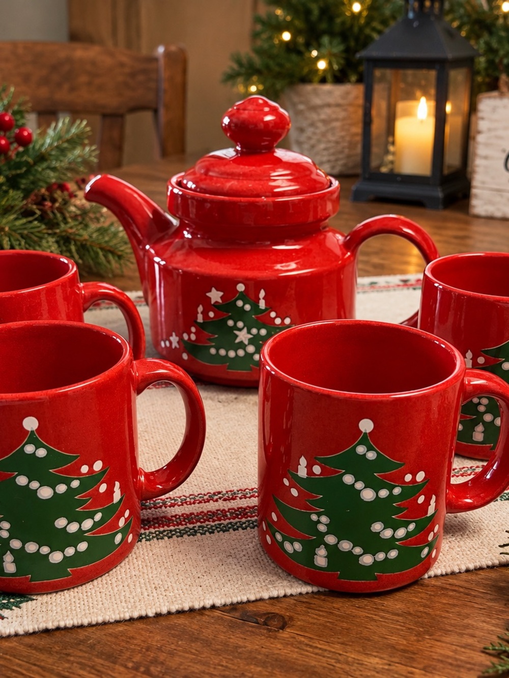 Festive Red Ceramic Teapot and Mug Set with Green Tree Motif